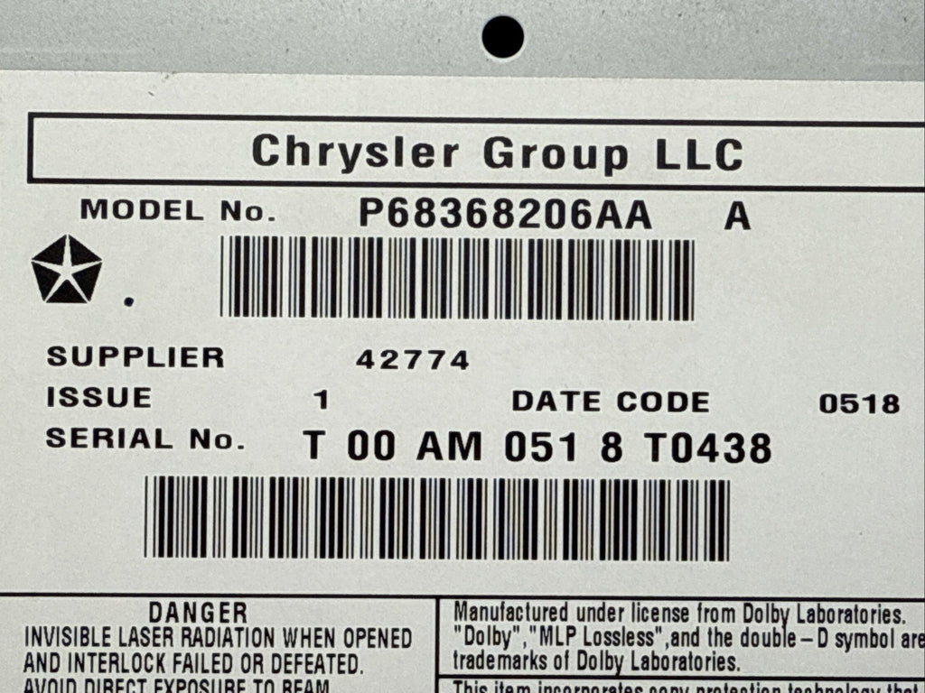 Jeep Dodge Chrysler Touchscreen Radio RHB P68368206AA 68368206AA12