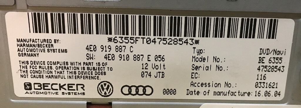 2006 06 AUDI A6 NAVIGATION GPS DVD DRIVE PLAYER OEM 4E0919887C 4E0910887 BE 63555