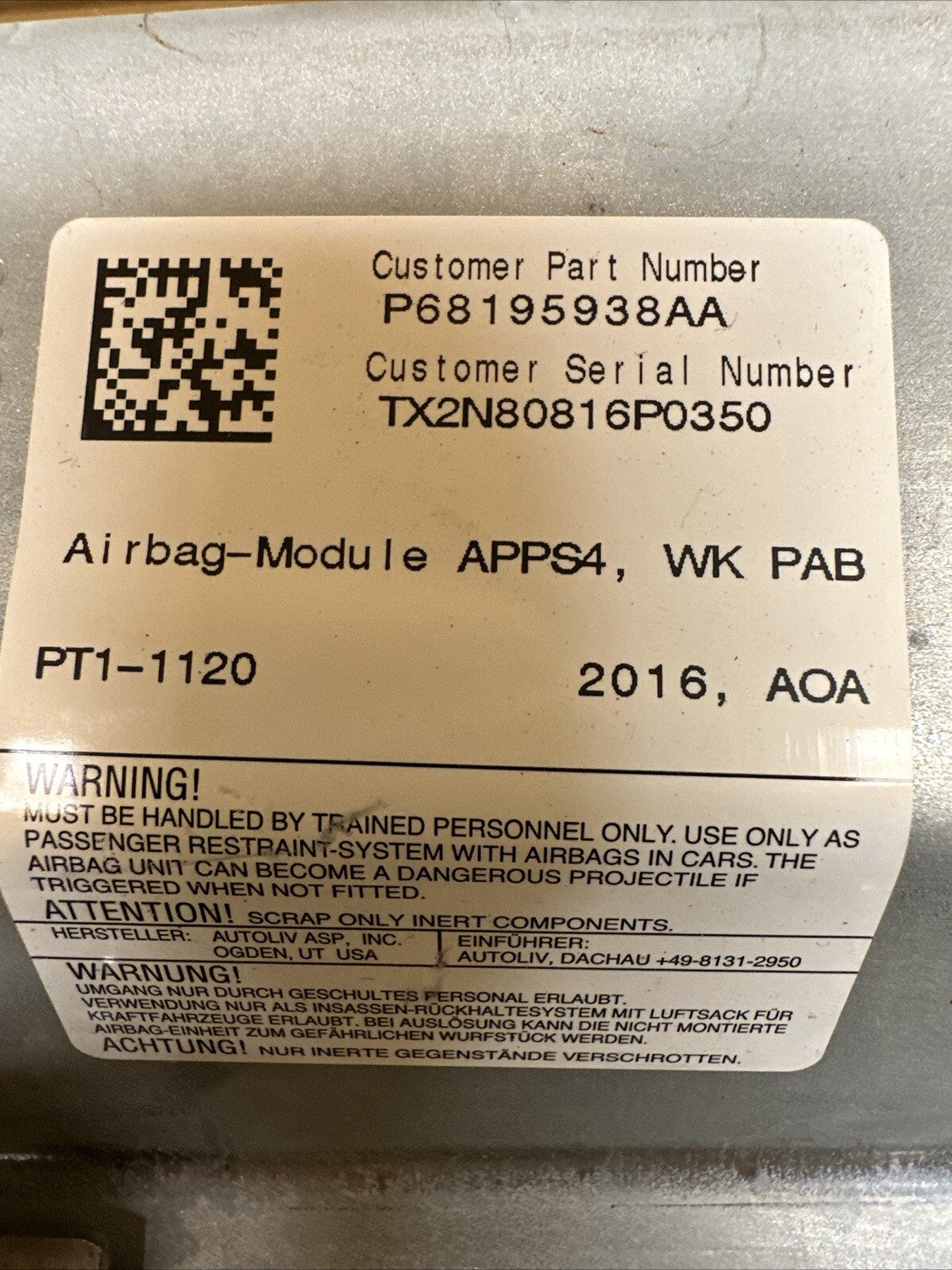 2014 2022 Grand Cherokee Passenger Dash Right Airbag Air Bag OEM P68195938AA3