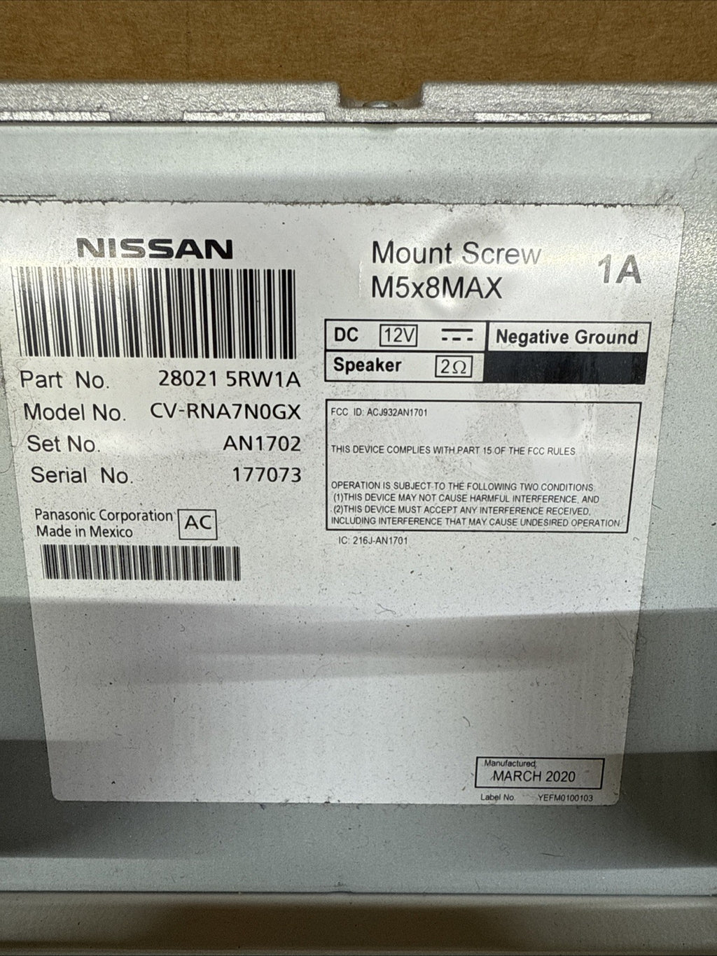 2020 2021 Nissan Versa Radio Multimedia Screen Display Unit OEM 28021 5RW1A5