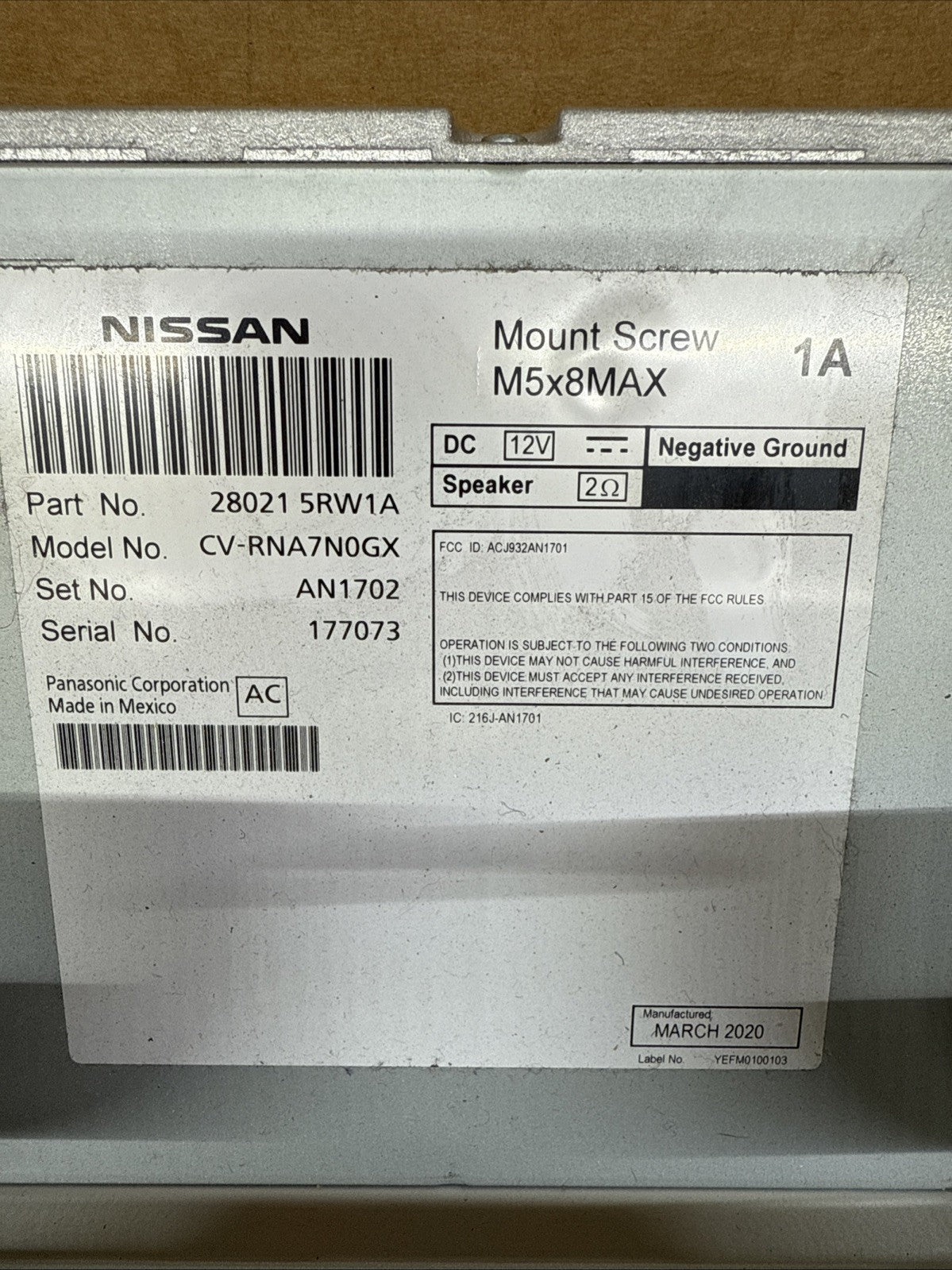 2020 2021 Nissan Versa Radio Multimedia Screen Display Unit OEM 28021 5RW1A5