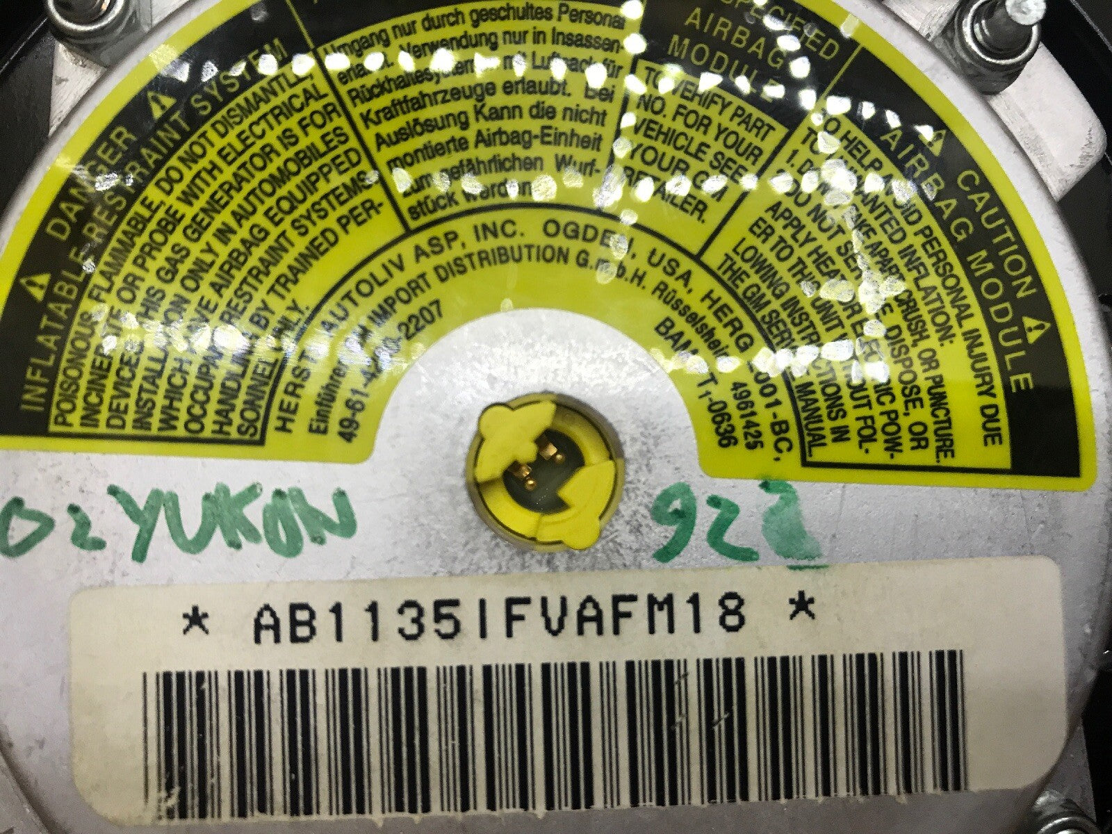01 02 SIERRA YUKON DENALI FRONT LEFT DRIVER STEERING WHEEL AIRBAG AIR BAG 9228