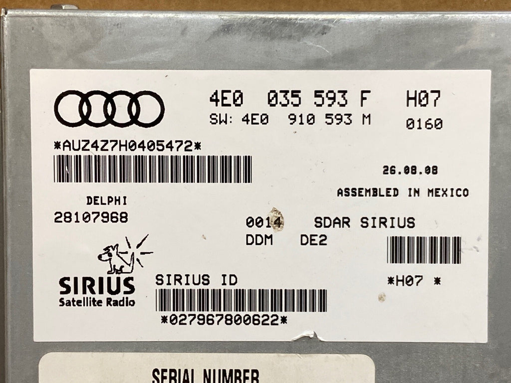 2008 2009 2010 AUDI A8 SIRIUS SATELLITE RADIO MODULE 4E0 035 593 F1