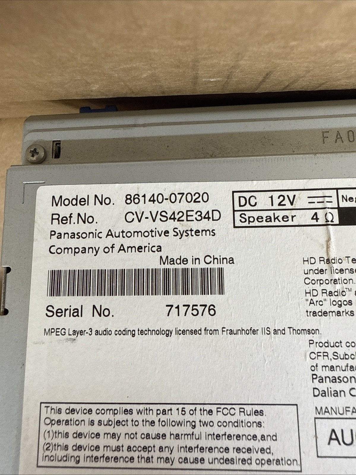 2013 2014 Toyota Avalon Radio Receiver Dash Screen Display 86140 070205