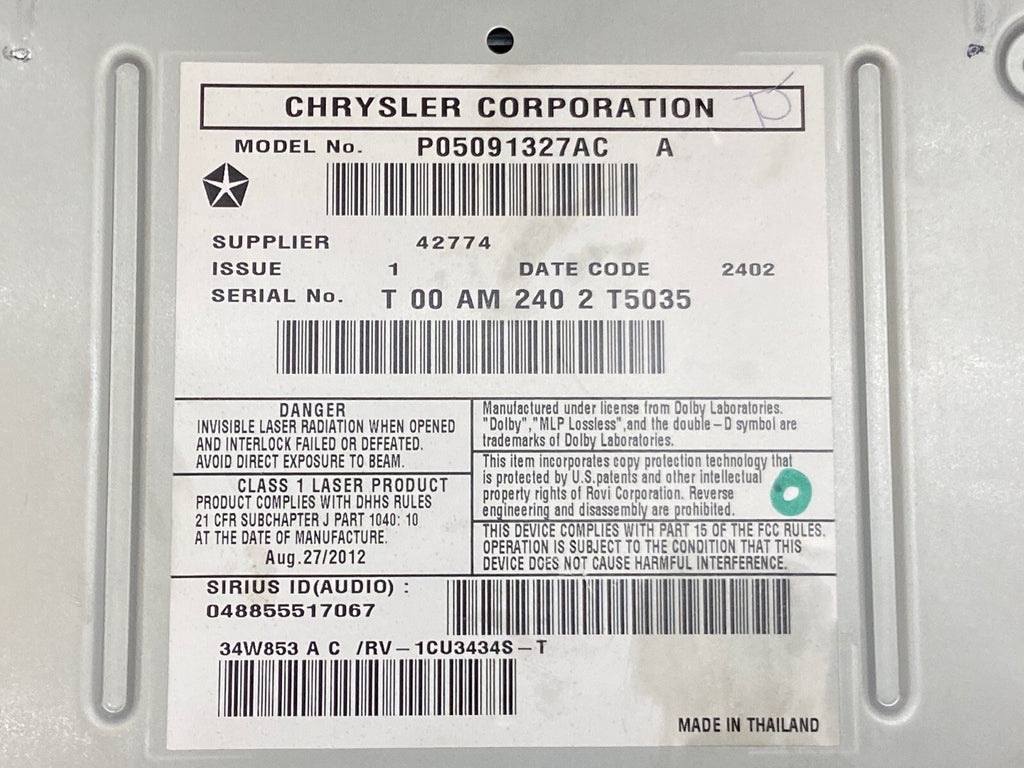 10 18 Grand Caravan Town Country Nitro Radio CD Dvd MyGig RBZ P05091327AC9