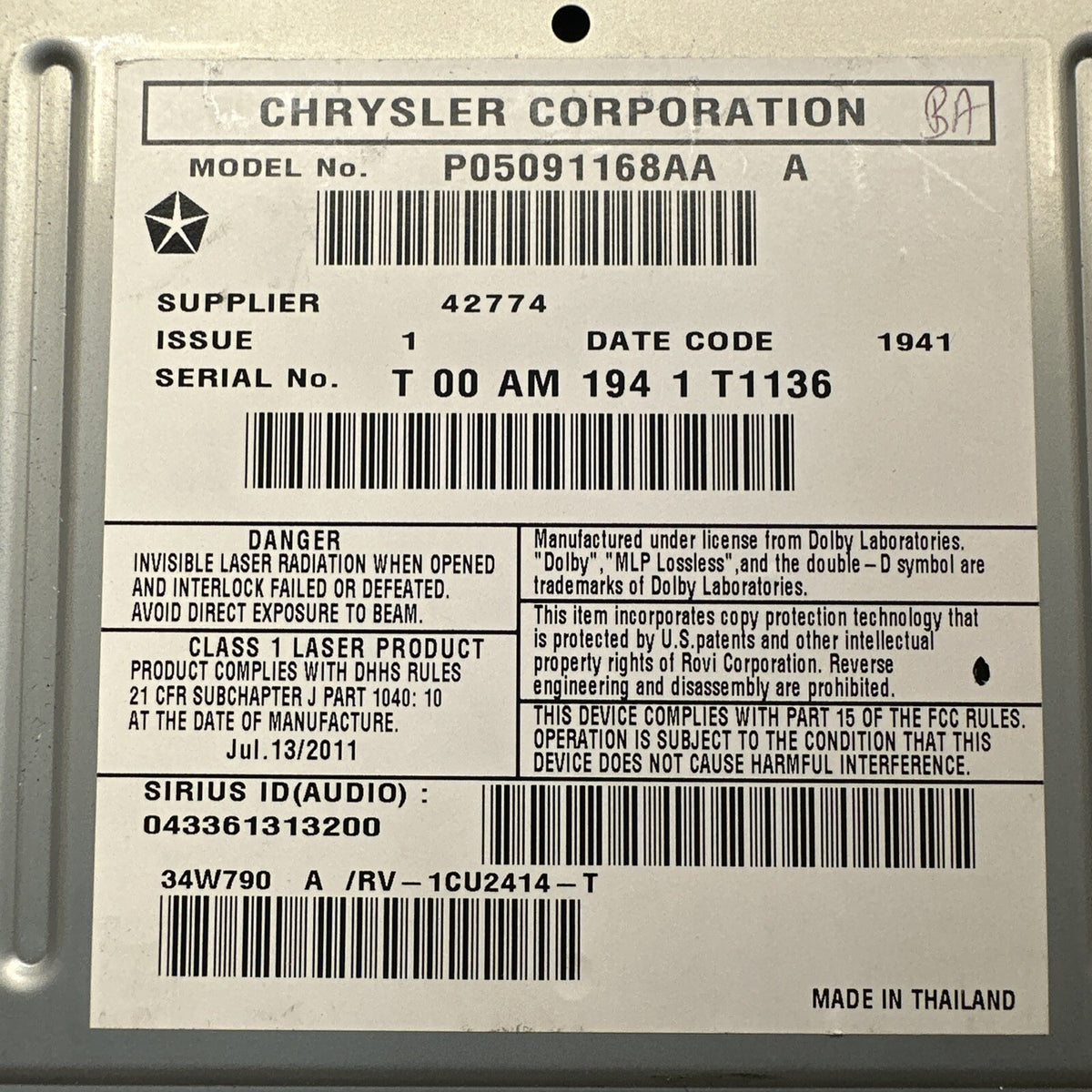 07 14 Dodge Chrysler Jeep Dash Radio Dvd MyGig RBZ P05091168AA P05091168AA4