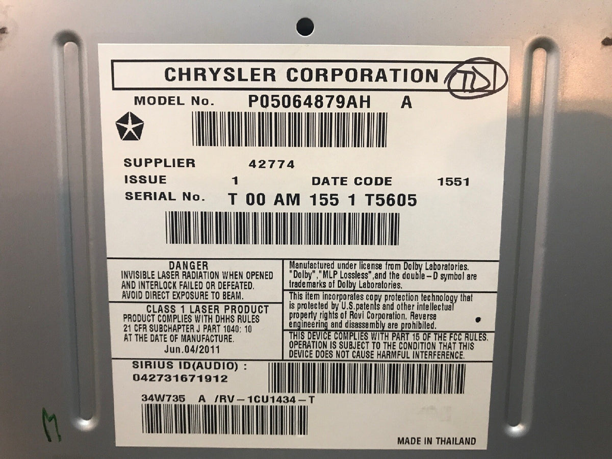 07 14 Dodge Chrysler Jeep High Speed Radio CD DVD MyGig RBZ  P05064879AH7