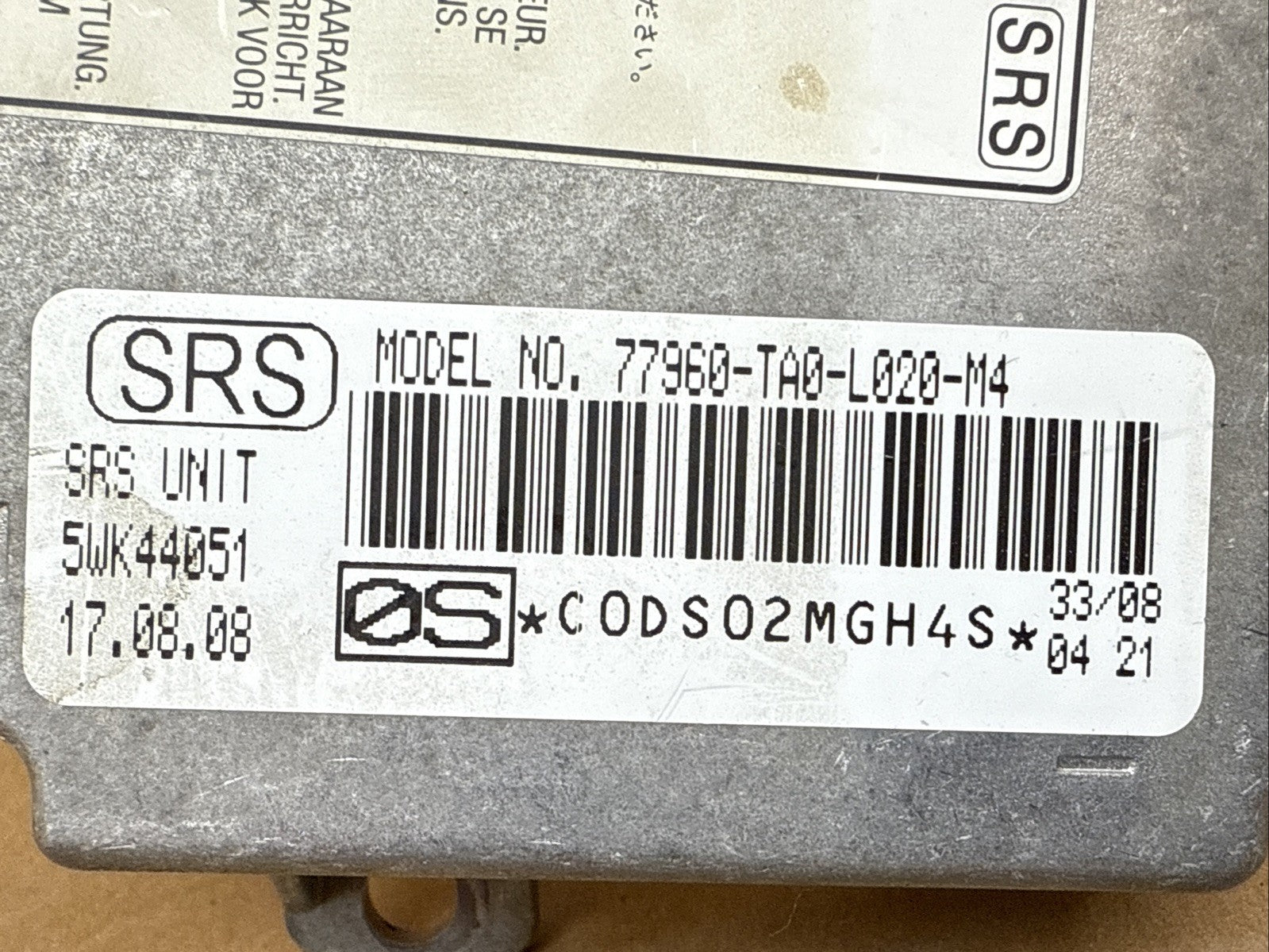Honda Accord SRS AirBag Air Bag Control Module OEM 77960 TA0 L020 M41