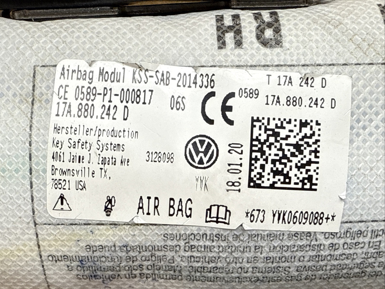 2020 Volkswagen VW Jetta Right Passenger Side Seat Air Bag Airbag 17A.880.242.D1