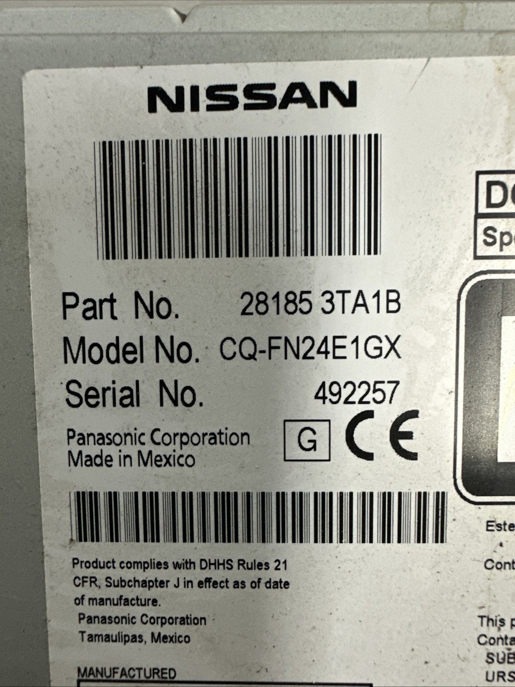 2013 2015 Nissan Rogue Satellite Radio Single Disc CD Player MP3 28185 3TA1B7
